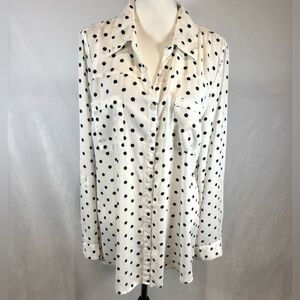 NY Collection long sleeve white and black polka dot button down top size large